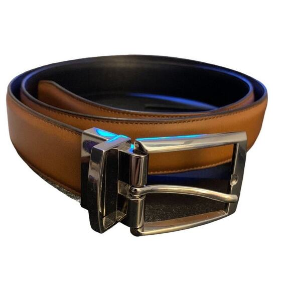 Men's Belt Cognac Full‎ Grain Cowhide - Silver Rectangle Buckle - Sz 40 - Picture 1 of 2